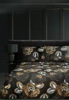 Eurofirany Pościel satynowa 160x200 Peonia 2 czarna ruda kwiaty peonie Limited Collection