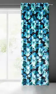 Eurofirany KLEO zasłona z miękkiego welwetu, nadruk niebieskie kwiaty, 140x270cm, czarny, tunelowa, z taśmą i żabkami