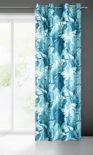 Eurofirany Zasłona zaciemniająca typu blackout z motywem liści palmy 140x250cm niebieski, jasnoniebieski przelotki/koła