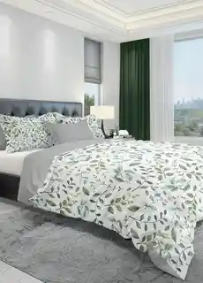 Faro Pościel bawełniana 160x200 Fashion 23 biała zielona szara listki gałązki