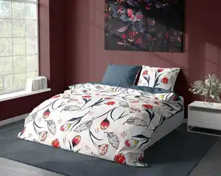 Faro Pościel bawełniana 220x200 biało-czerwono-granatowe kwiaty Fashion 23