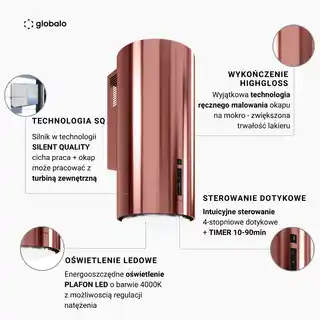 Globalo okap przyścinny Heweno 39.3 Rose, stal nierdzewna, sterowanie dotykowe, filtr węglowy, cichy, energooszczędny
