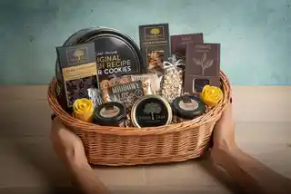 Green Touch Kosz prezentowy ciemny z ciastkami i słodyczami premium z herbatą świece