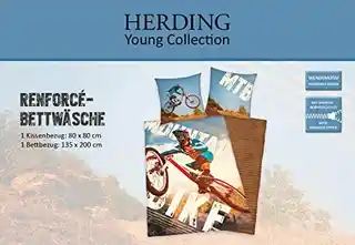 Herding Pościel dziecięca 135x200 bawełniana Rower niebieska beżowa, poszewka 80x80, kolekcja H23