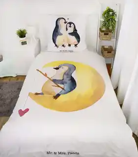 Herding Pościel bawełniana 140x200 Pingwin Mr Mrs Panda biała żółta poszewka 70x90 H23
