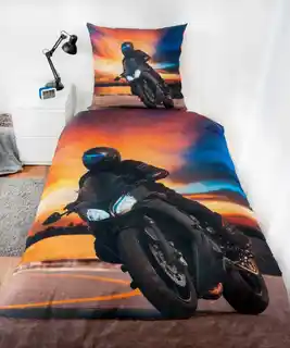 Herding Pościel bawełniana Motorcycle pomarańczowa niebieska 140x200, poszewki 70x90, kolekcja H23