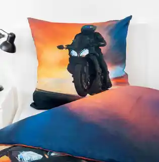 Herding Pościel bawełniana Motorcycle pomarańczowa niebieska 140x200, poszewki 70x90, kolekcja H23