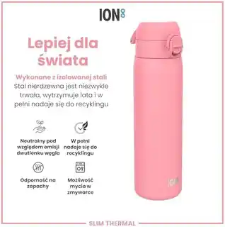 Ion8 butelka termiczna 500 ml różowa, stal nierdzewna, izolacja próżniowa, lekka, bez BPA