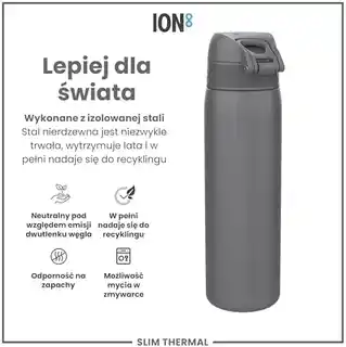Ion8 butelka termiczna 500 ml szara, stal nierdzewna, izolacja próżniowa, antypoślizgowa, bez BPA