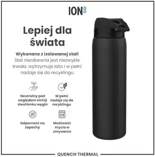 Ion8 Czarna butelka termiczna na wodę 920 ml, podwójne ścianki, stal nierdzewna, szczelny korek, kolekcja I8, model TS1000BLK