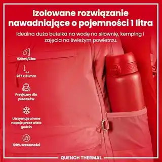 Ion8 czerwona butelka termiczna na wodę 920 ml, izolacja próżniowa, stal nierdzewna, szczelny korek, lekka, bez BPA