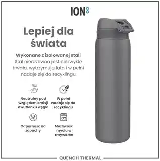ION8 Szara butelka termiczna na wodę 1000 ml, stal nierdzewna, podwójne ścianki, szczelny korek