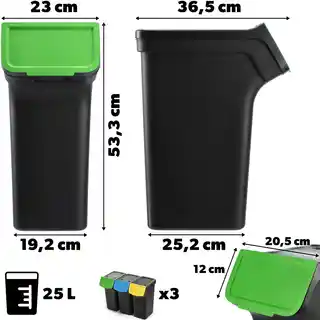 Kadax 3x Kosz Na Śmieci 25L Pojemnik Na Odpady Do Segregacji Czarny Kubeł