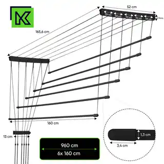 Kadax Suszarka sufitowa na pranie Torp, 6 prętów, 160 cm, czarna
