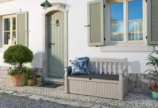 Keter ławka ogrodowa Eden beżowo-brązowa, z pojemnikiem 265 litrów, drewno syntetyczne, nowoczesny design