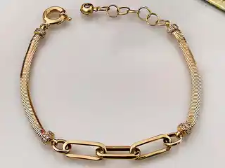 Lovrin Złota bransoletka 585 z dużych ogniw białe cyrkonie złoto 14k