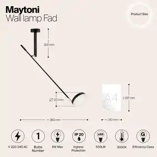 Maytoni Fad kinkiet LED 6W 550lm 3000K 80 CRi ścienny na ramieniu długość 100cm ściemnialny