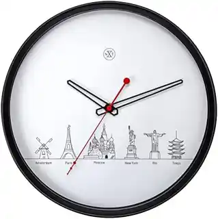 Nextime Zegar ścienny World Tour 7350, metalowa obudowa, tarcza z mapą świata, kwadratowa, minimalistyczny design