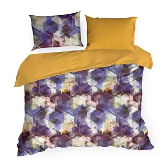 Pościel satynowa 160x200 fioletowo-musztardowa geometryczny motyw, Nova Print Gift, wysokogatunkowa bawełniana, w kartonowym opakowaniu na prezent