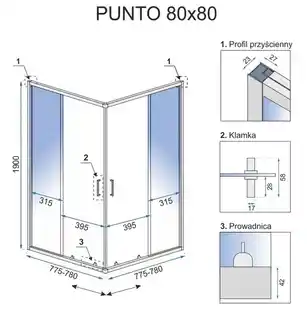 Rea K0863 Punto kabina prysznicowa bez brodzika 80x80 szkło transparent, srebrne profile