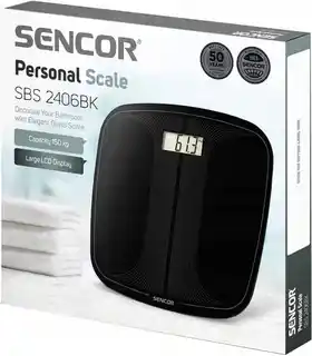 Sencor SBS 2406BK Waga łazienkowa 150kg, czarna, cyfrowa, z funkcją tarowania, wyświetlacz LCD