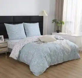 Spod Igły I Nitki Pościel satynowa 220x200 biała błękitna liście S040 I14