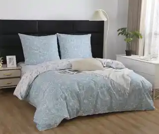 Spod Igły I Nitki Pościel satynowa 220x200 biała błękitna liście S040 I14