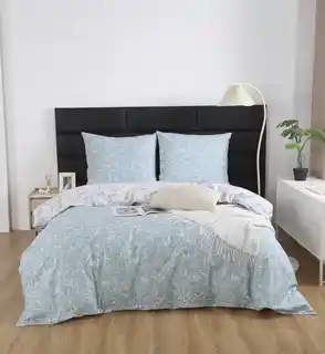 Spod Igły I Nitki Pościel satynowa 220x200 biała błękitna liście S040 I14