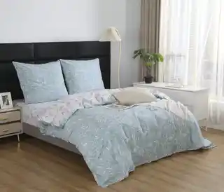 Spod Igły I Nitki Pościel satynowa 220x200 biała błękitna liście S040 I14