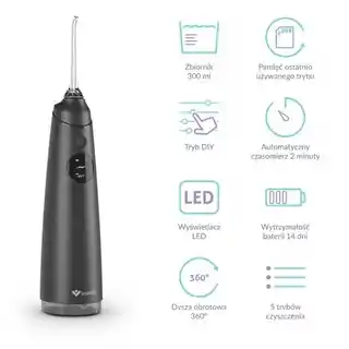 Truelife irygator AquaFloss Compact C300 czarny, akumulatorowy, 300 ml, dysza rotacyjna, cicha praca
