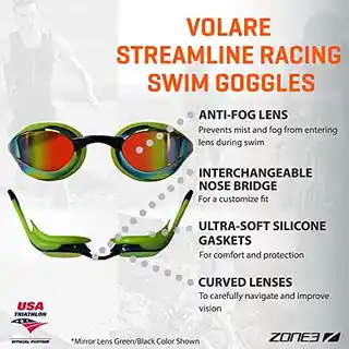Zone3 Okulary pływackie Volare Streamline Racing Green, silikonowe, antyparowe, regulowane, szybkoschnące