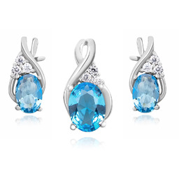 Rodowany srebrny podłużny komplet akwamaryn cyrkonie srebro 925