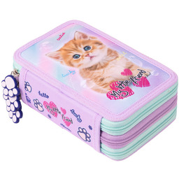 Piórnik z wyposażeniem trzykomorowy dla dziewczynki, St.Majewski, kot,