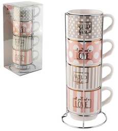 FLORINA Zestaw 4 kubków porcelanowych na metalowym stojaku