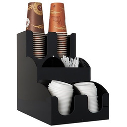 Stojak na kubki do kawy, wieczka, mieszadełka czarny