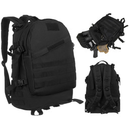 Czarny plecak militarny zawieszony na regulowanych szelkach, trzykomorowy