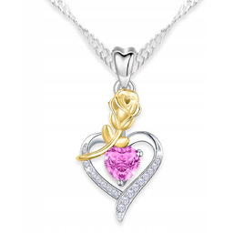 Naszyjnik Srebrny z Różą Różowe Serce Kryształami Kwiat