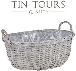 SZARY OWALNY KOSZ WIKLINOWY Z UCHWYTAMI 43x35x19/26 cm