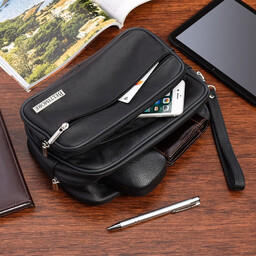 Czarna skórzana saszetka męska duża dwukomorowa do ręki