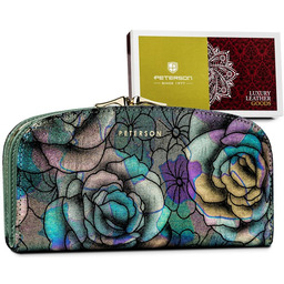 Duży pojemny portfel ze skóry naturalnej z kwiatowym