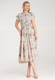 Elegancka sukienka ze stójką w kwiaty - Beżowa