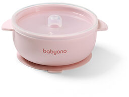 BabyOno, silikonowa miseczka z przyssawką i przykrywką, różowa,