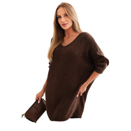 Brązowy sweter damski oversize Plus Size z dekoltem