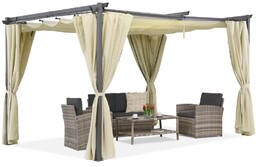 Beżowa pergola tarasowa z zasłonami La Palma 3x3