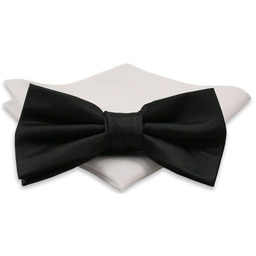 Czarna Mucha Gładka, Jednokolorowa + Biała Poszetka -