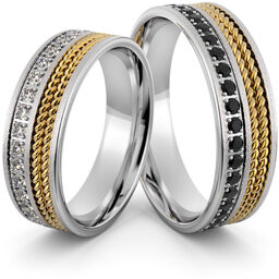 Obrączki srebrne z złotymi warkoczami i biało czarnymi