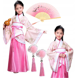 Strój Kostium Japonka Orientalne Kimono Wachlarz Różowy 122/128