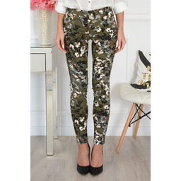 Spodnie Cygaretki w malowane kwiaty khaki Ida