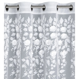 Firana biała zdobiona trójwymiarowymi kwiatami FK028-01