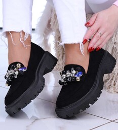 Wsuwane czarne loafersy damskie z kamieniami